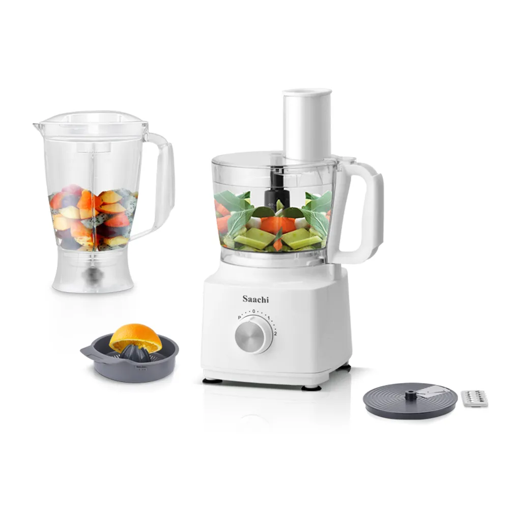Saachi NL-BFC-4964-WH All-in-One Food Processor, 500W, 1.5L Blender Jar, 1.2L Chopper Bowl, 2 Speeds with Pulse, Citrus Juicer, Slicer & Shredder – White