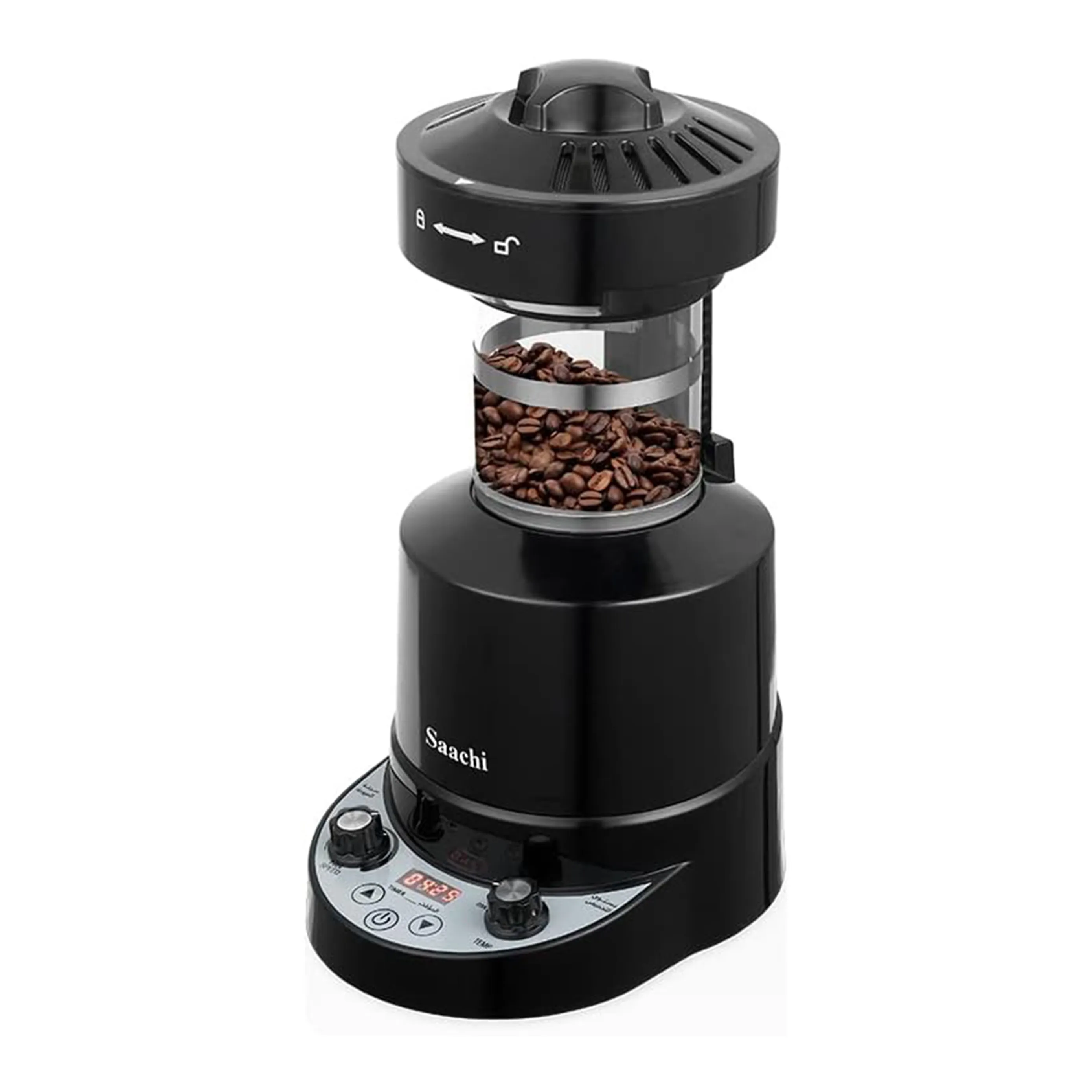 Saachi NL-CR-4965-BK 100g Hot-Air Coffee Roaster, 2100W, Adjustable Temperature and Fan Speed, Digital Timer Display, Tempered-Glass Roasting Chamber, Chaff Collector, Measuring Cup and Cleaning Brush – Black