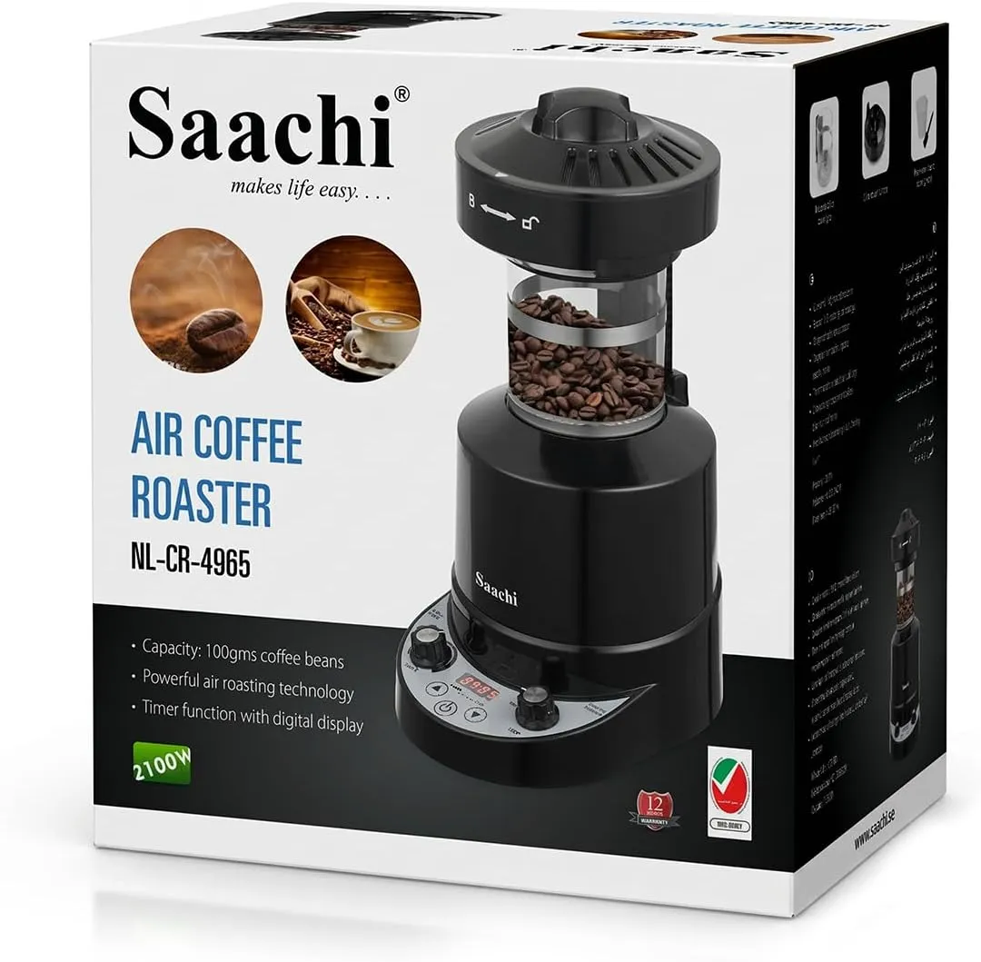 Saachi NL-CR-4965-BK 100g Hot-Air Coffee Roaster, 2100W, Adjustable Temperature and Fan Speed, Digital Timer Display, Tempered-Glass Roasting Chamber, Chaff Collector, Measuring Cup and Cleaning Brush – Black 5