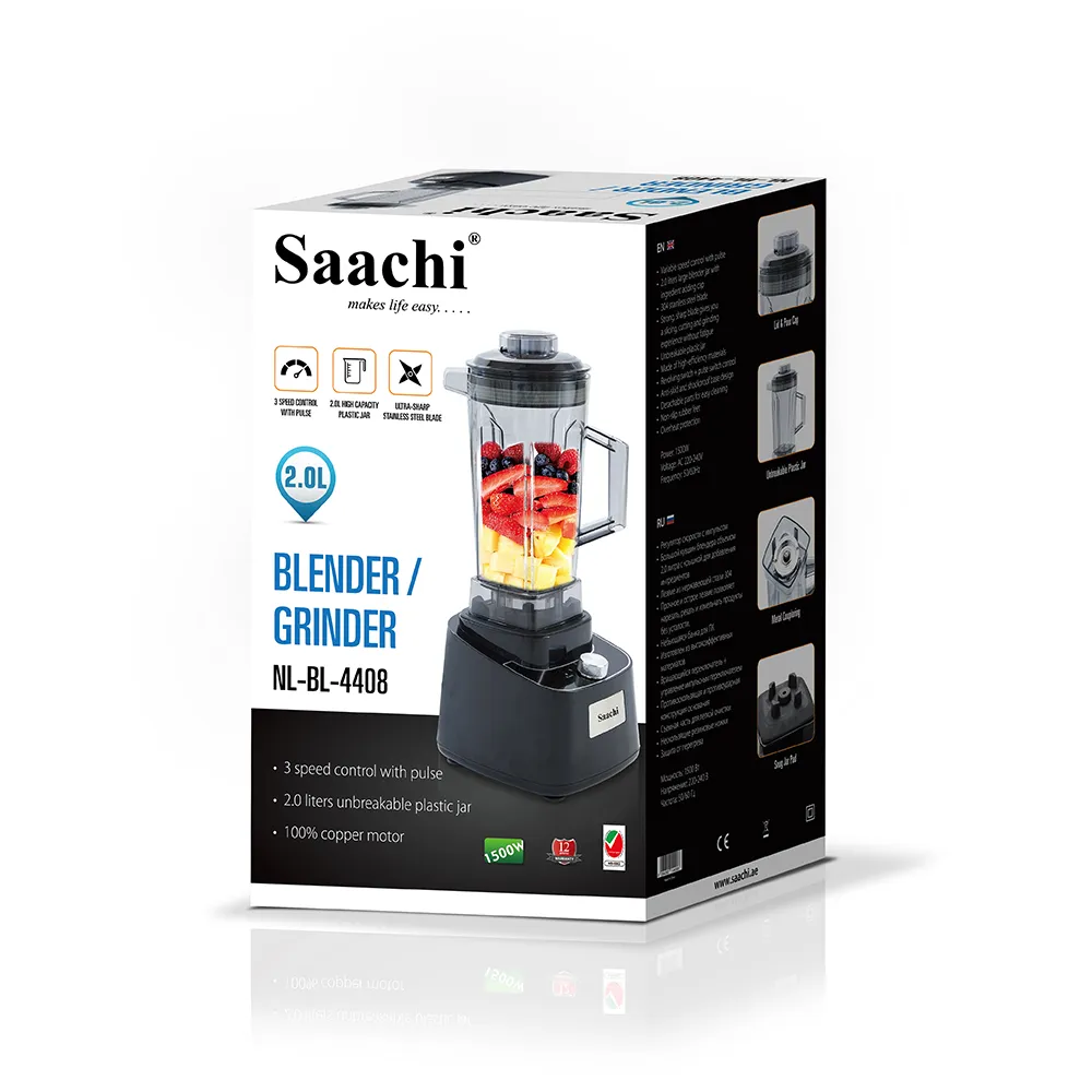 Saachi NL-BL-4408-BK 2L High-Power Blender, 1500W Copper Motor, Variable Speed with Pulse, 304 Stainless-Steel Blades, Unbreakable Jar, Anti-Skid Base & Overheat Protection – Black