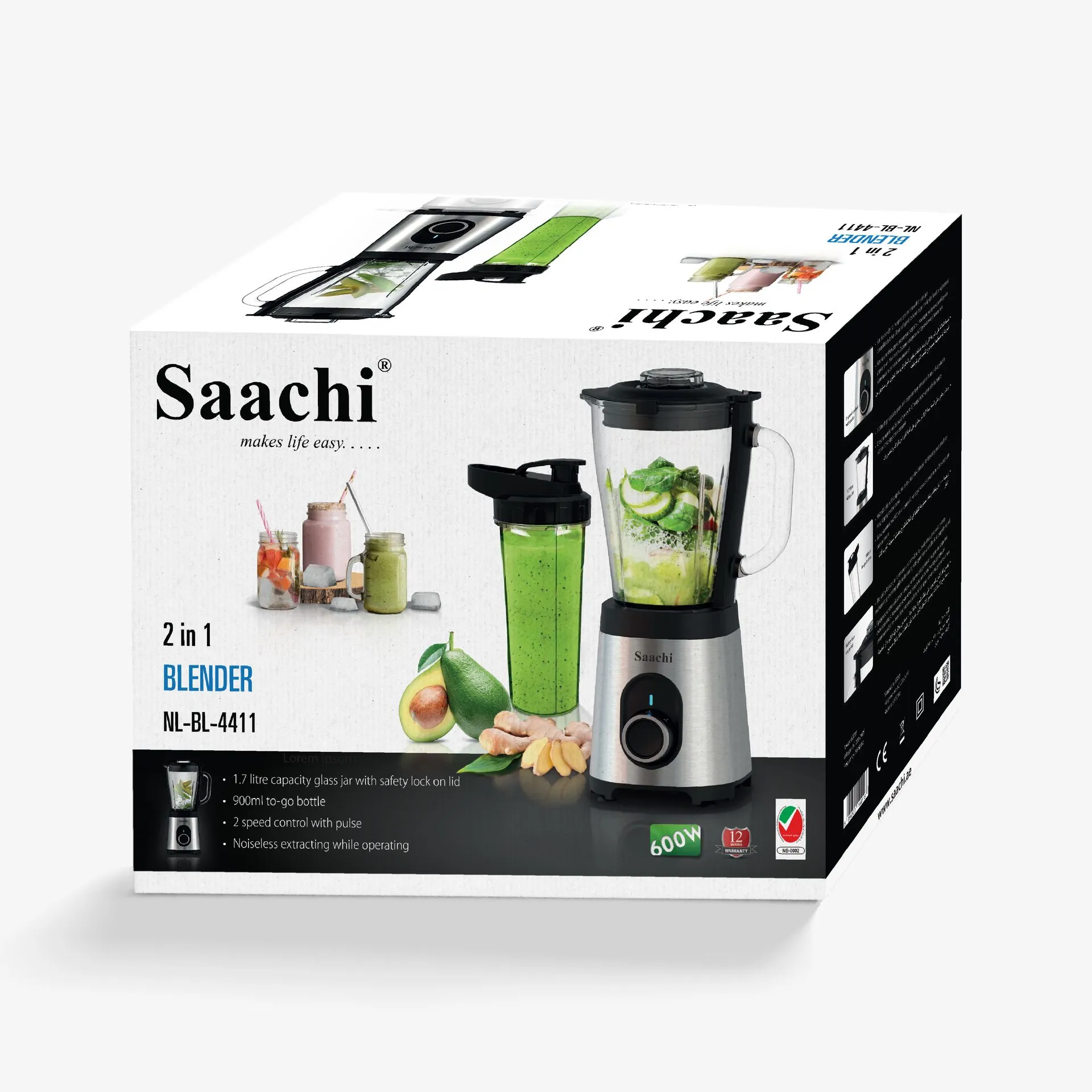 Saachi NL-BL-4411-BK 2-in-1 Blender with 1.7L Glass Jar, 900ml To-Go Bottle, 600W Motor, 2 Speeds with Pulse, 4-Wing Stainless-Steel Blade, Safety Lock & Overheat Protection – Black