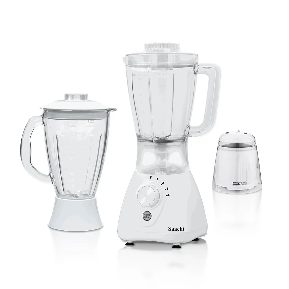 Saachi NL-BL-4414-WH 3-in-1 Blender & Grinder, 550W Motor, 1.8L Plastic Jar, 1.5L Glass Jar, Grinder Mill, 4-Speed Control, Stainless-Steel Blades, Auto-Clean Function & Safety Lock – White