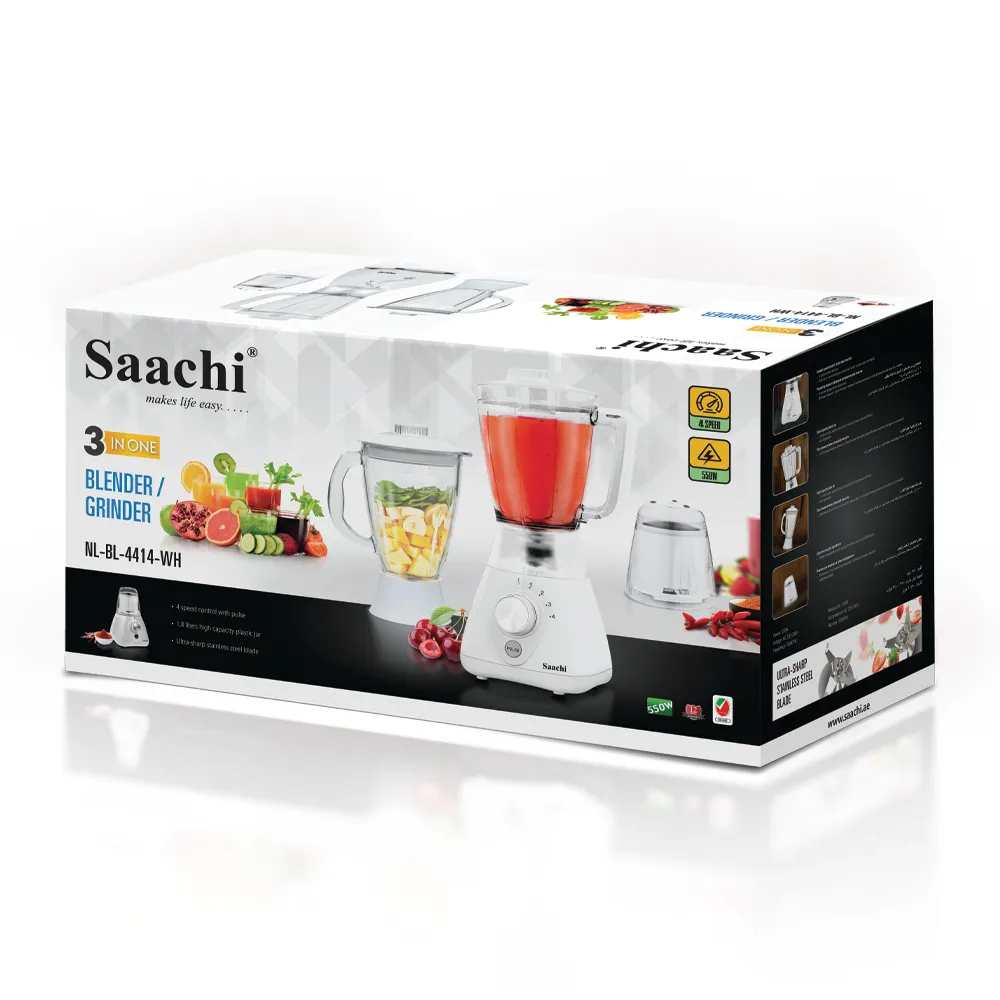 Saachi NL-BL-4414-WH 3-in-1 Blender & Grinder, 550W Motor, 1.8L Plastic Jar, 1.5L Glass Jar, Grinder Mill, 4-Speed Control, Stainless-Steel Blades, Auto-Clean Function & Safety Lock – White 3