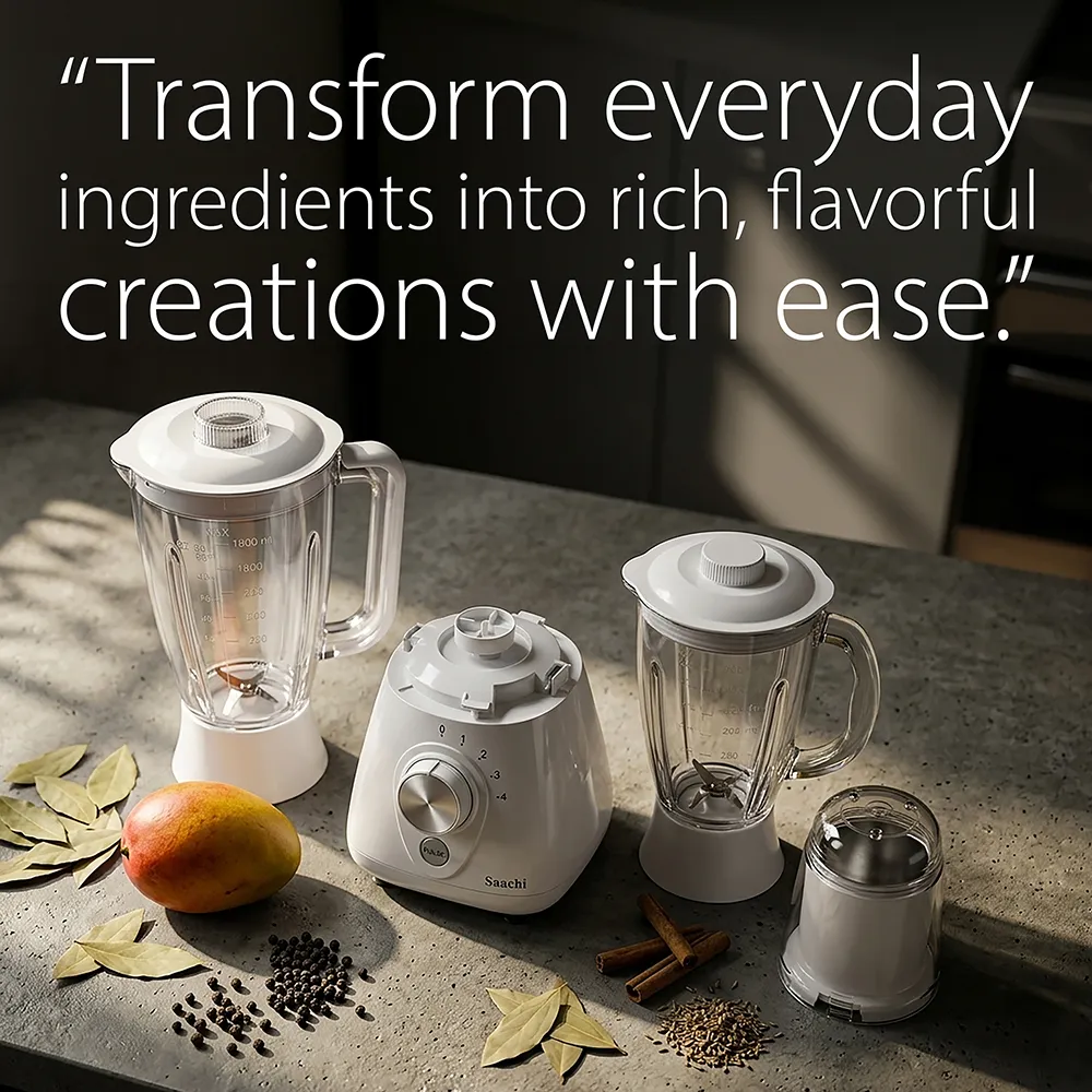 Saachi NL-BL-4414-WH 3-in-1 Blender & Grinder, 550W Motor, 1.8L Plastic Jar, 1.5L Glass Jar, Grinder Mill, 4-Speed Control, Stainless-Steel Blades, Auto-Clean Function & Safety Lock – White 4