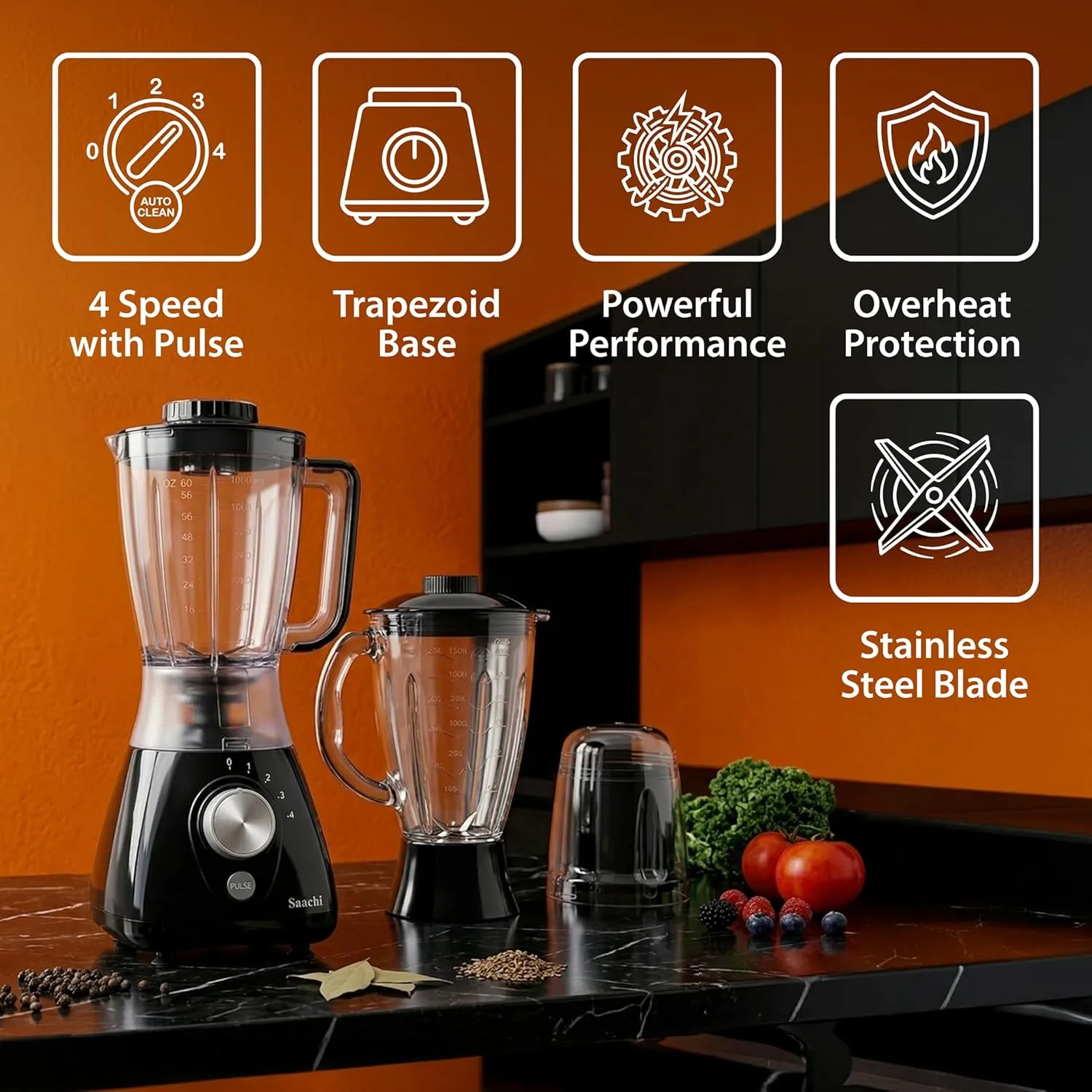 Saachi NL-BL-4414-BK 3-in-1 Blender & Grinder, 550W Motor, 1.8L Plastic Jar, 1.5L Glass Jar, Grinding Mill, 4-Speed Control, Stainless-Steel Blades, Auto-Clean Function & Safety Lock – Black 3