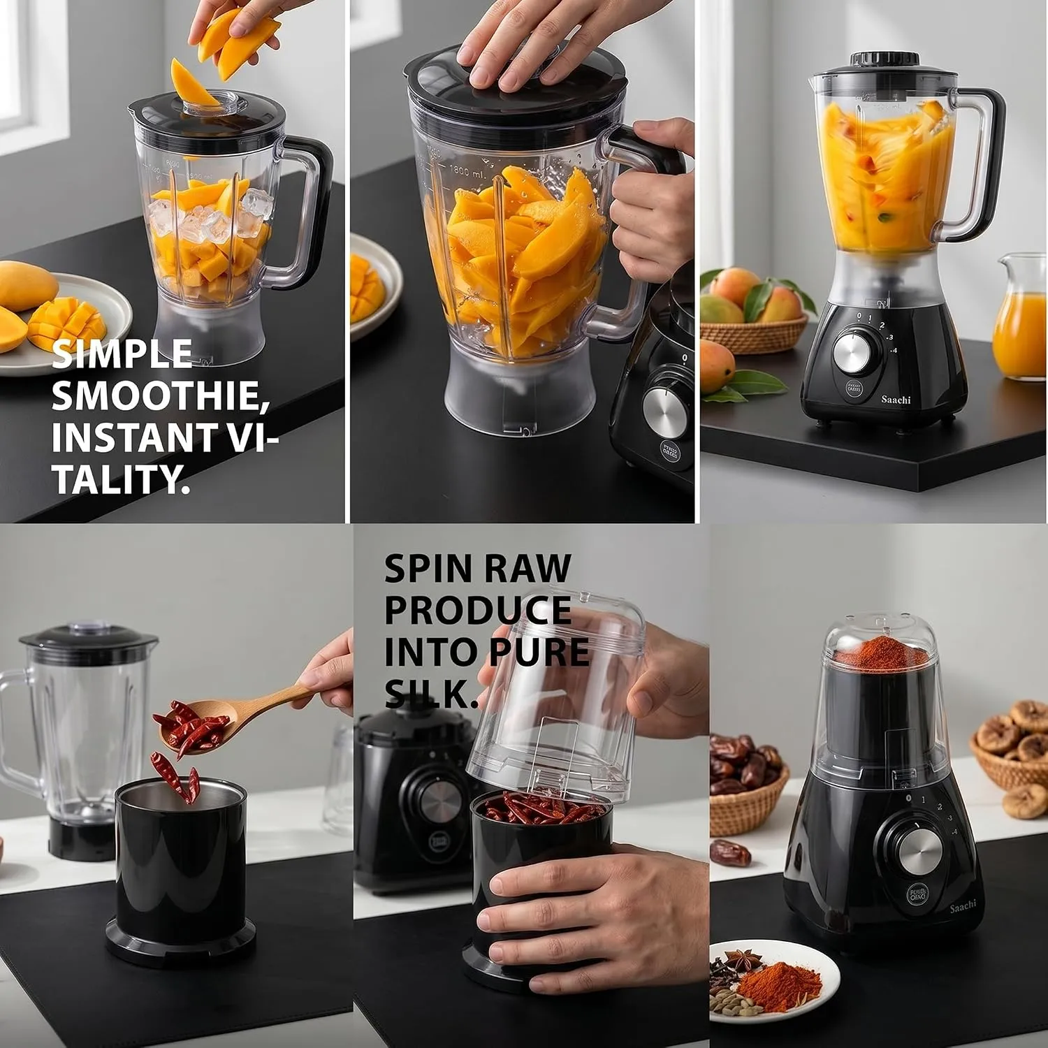 Saachi NL-BL-4414-BK 3-in-1 Blender & Grinder, 550W Motor, 1.8L Plastic Jar, 1.5L Glass Jar, Grinding Mill, 4-Speed Control, Stainless-Steel Blades, Auto-Clean Function & Safety Lock – Black