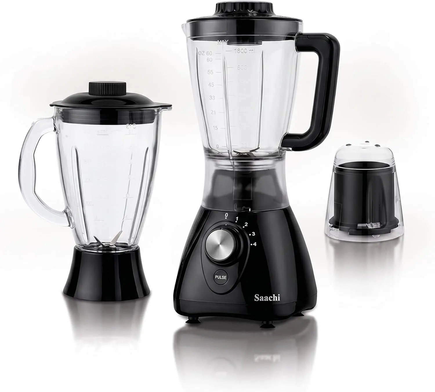 Saachi NL-BL-4414-BK 3-in-1 Blender & Grinder, 550W Motor, 1.8L Plastic Jar, 1.5L Glass Jar, Grinding Mill, 4-Speed Control, Stainless-Steel Blades, Auto-Clean Function & Safety Lock – Black