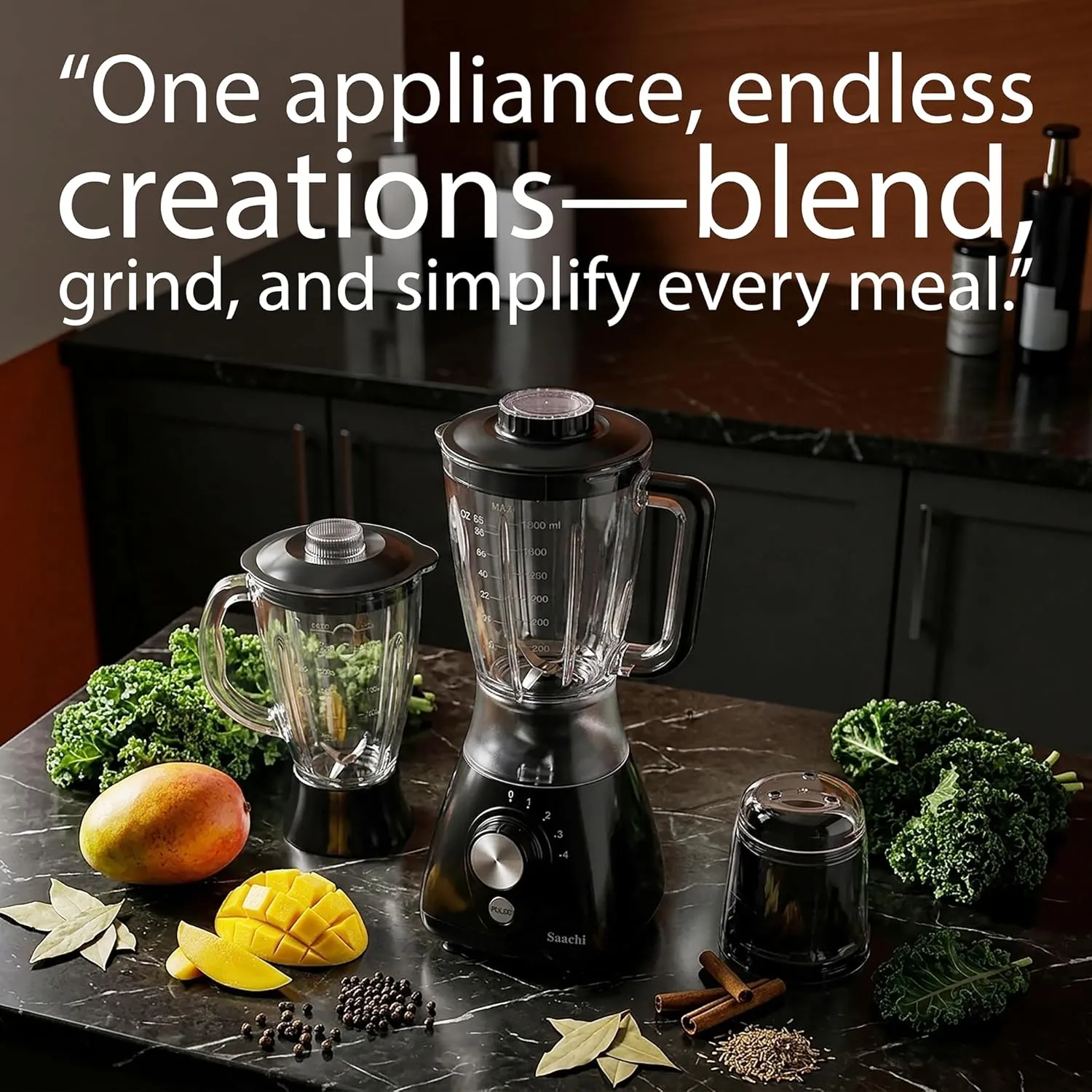Saachi NL-BL-4414-BK 3-in-1 Blender & Grinder, 550W Motor, 1.8L Plastic Jar, 1.5L Glass Jar, Grinding Mill, 4-Speed Control, Stainless-Steel Blades, Auto-Clean Function & Safety Lock – Black 4