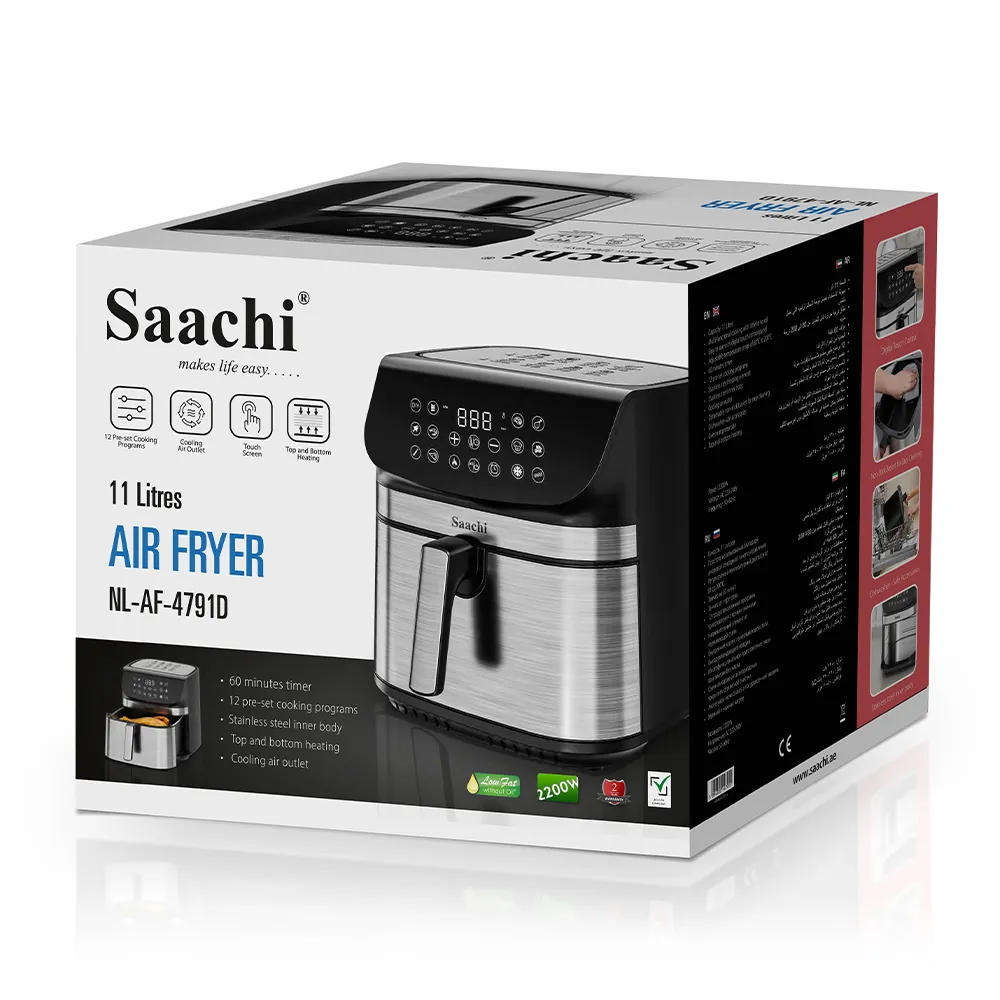 Saachi NL-AF-4791D-BK 11L Digital Air Fryer with 12 Preset Programs, 80–200°C Adjustable Temperature, 60-Minute Timer, Non-Stick Basket, Dishwasher-Safe Accessories & Overheat Protection – 2200W, Black