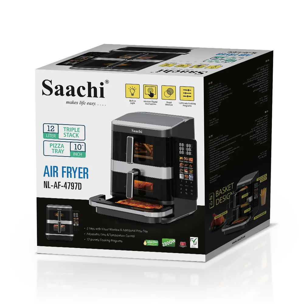 Saachi NL-AF-4797D-BK 12L Dual-Zone Air Fryer, 7L+5L Triple-Stack Cooking, 12 Presets, Digital Touchscreen, Viewing Windows with Lights, Non-Stick Pans & Overheat Protection – 2800W, Black/Stainless Steel