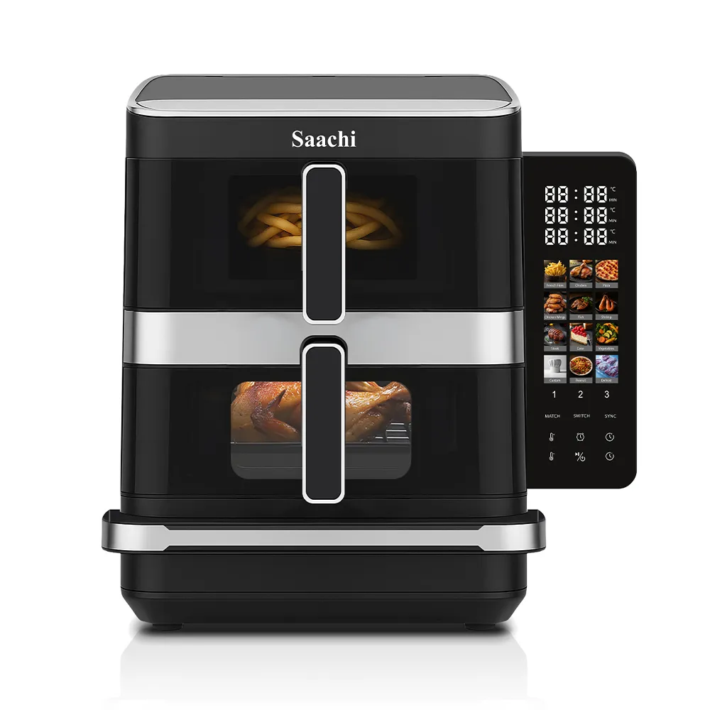Saachi NL-AF-4797D-BK 12L Dual-Zone Air Fryer, 7L+5L Triple-Stack Cooking, 12 Presets, Digital Touchscreen, Viewing Windows with Lights, Non-Stick Pans & Overheat Protection – 2800W, Black/Stainless Steel