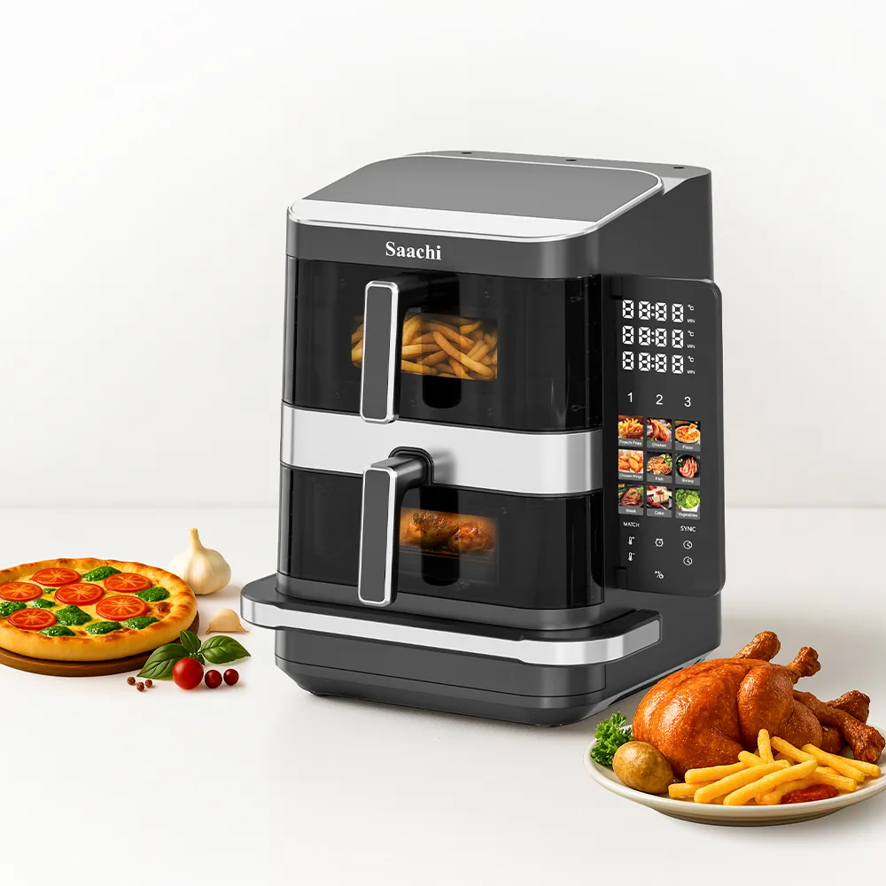 Saachi NL-AF-4797D-BK 12L Dual-Zone Air Fryer, 7L+5L Triple-Stack Cooking, 12 Presets, Digital Touchscreen, Viewing Windows with Lights, Non-Stick Pans & Overheat Protection – 2800W, Black/Stainless Steel 3