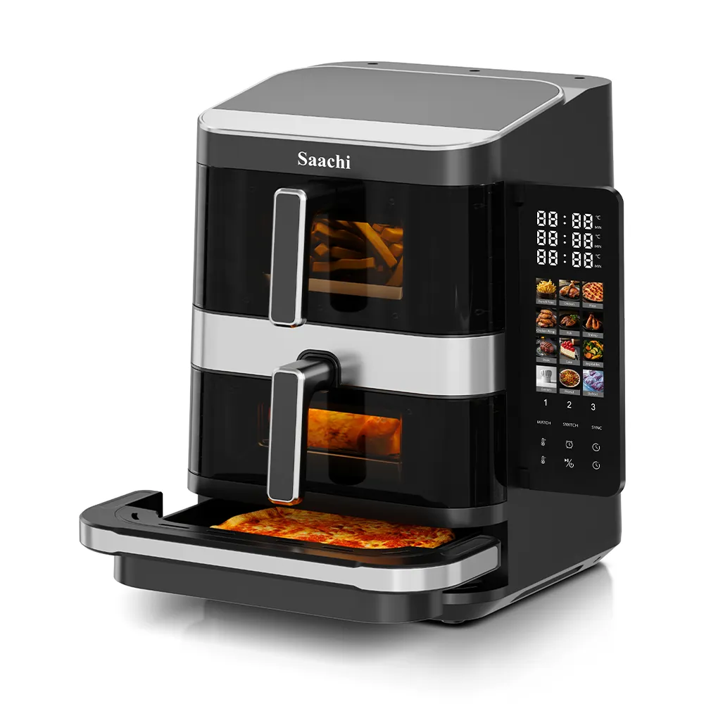 Saachi NL-AF-4797D-BK 12L Dual-Zone Air Fryer, 7L+5L Triple-Stack Cooking, 12 Presets, Digital Touchscreen, Viewing Windows with Lights, Non-Stick Pans & Overheat Protection – 2800W, Black/Stainless Steel 4