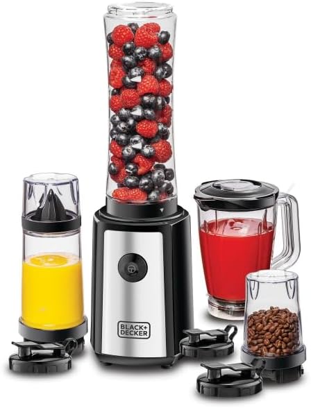BLACK+DECKER 300W 16 Piece 4-in-1 Personal Compact Sports Blender/Smoothie Maker with Citrus Juicer & Grinder Mill SBX300BCG-B5