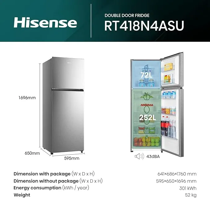 Hisense 418L Top Mount Refrigerator with No Frost Technology, Multi Air Flow System, LED Lighting, Moisture Fresh Crisper, Twist Ice Maker & Stainless Steel Finish – RT418N4ASU