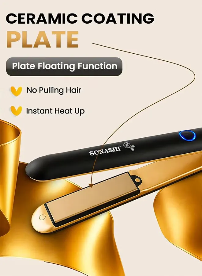 Hair Straightener Ceramic Coated Plates Max Temperature Upto 200 PTC Heating 360 Swivel Cord Fast Heat Up And Long Lasting Lock Function SHS-2067N Black/Gold 4