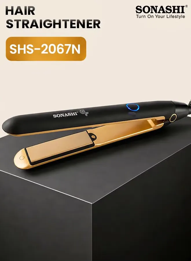 Hair Straightener Ceramic Coated Plates Max Temperature Upto 200 PTC Heating 360 Swivel Cord Fast Heat Up And Long Lasting Lock Function SHS-2067N Black/Gold