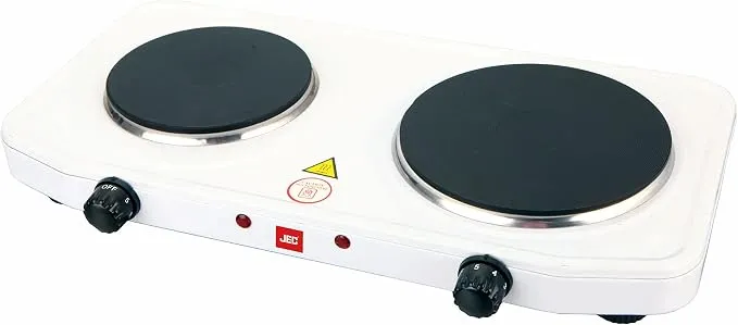 JEC Double Electric Hot Plate with Dual Coil Burners, Adjustable Thermostat Controls, Power Indicator Lights, Portable Countertop Design & White Finish – CP5850