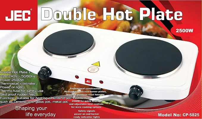 JEC Double Electric Hot Plate with Dual Coil Burners, Adjustable Thermostat Controls, Power Indicator Lights, Portable Countertop Design & White Finish – CP5850