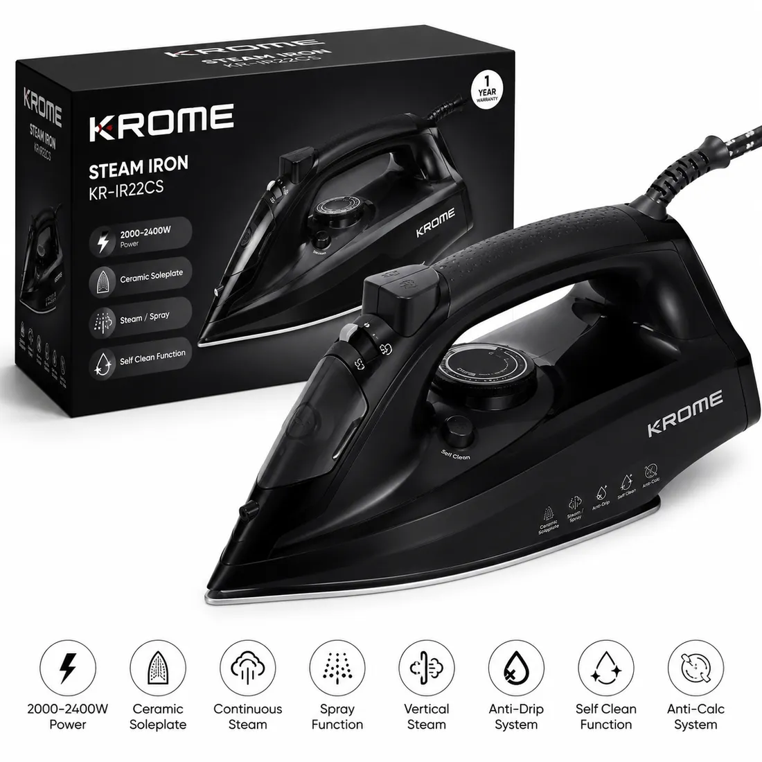 Krome 2000-2400W Steam Iron – KR-IR22CS