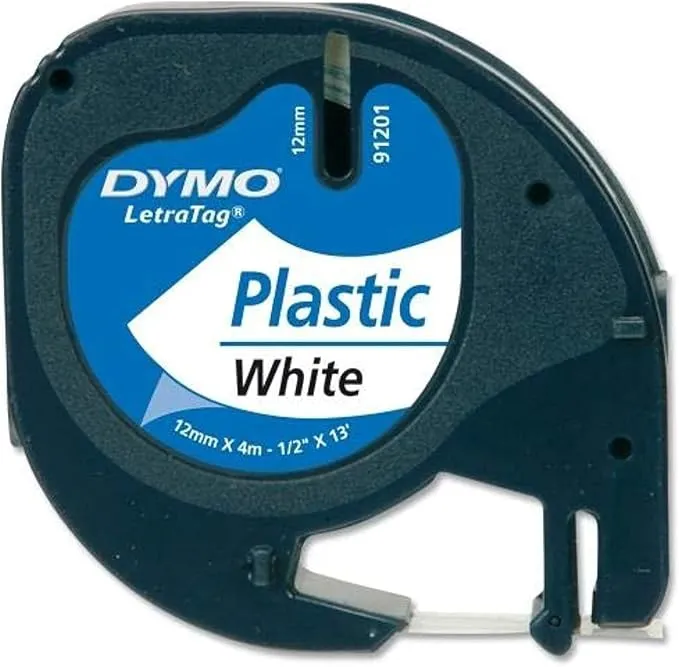 DYMO LetraTag 91201 Label Tape 12mm × 4m, Black Print on White Plastic Tape, Thermal Labeling Ribbon Cassette