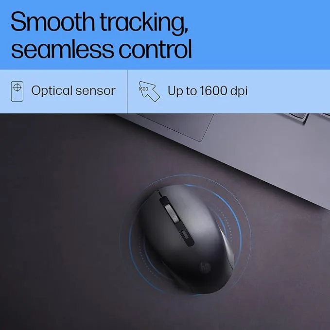 HP S1000 Plus Wireless Mouse, Black, 2.4GHz Wireless, 1600 DPI Optical Sensor, 3 Adjustable DPI Levels, Nano USB Receiver, Silent Clicks 3