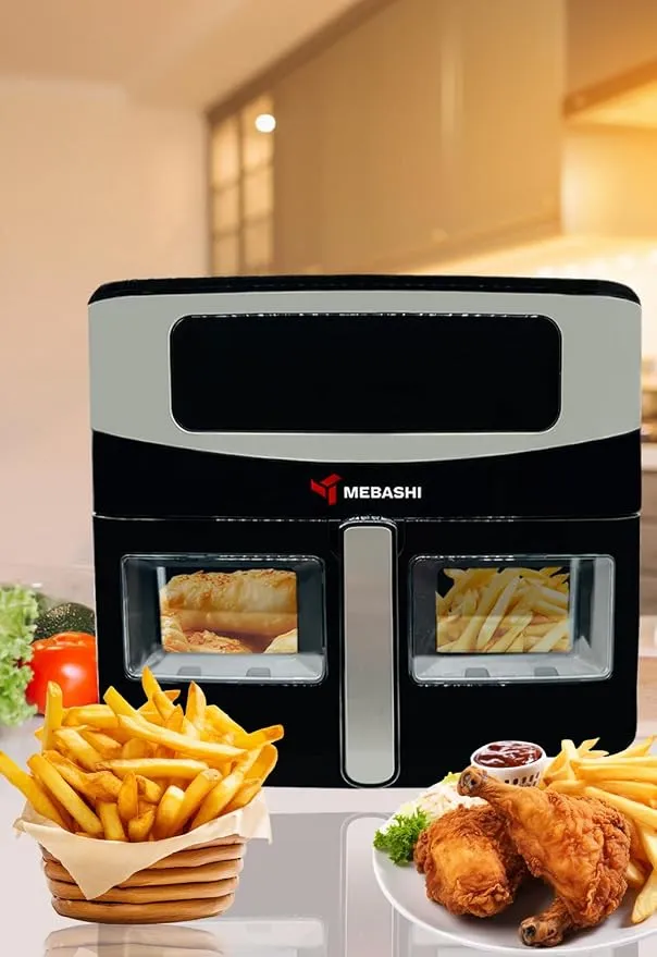 Mebashi 11L Air Fryer, Digital Touch Screen Cooking Machine, 360 Heat Circulation, Touch Control Panel, 11 Function Menus, Glass Window (ME-AF958) (1700-2050W)