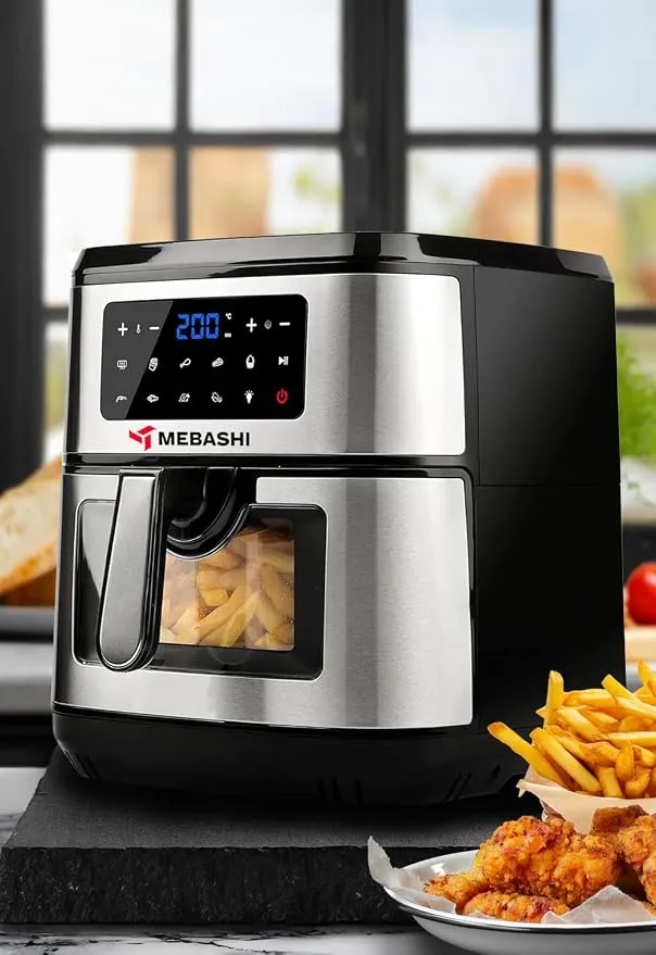Mebashi 7.5L Air Fryer, Black Silver Air Fryer, Glass Window, Cooking Food Without Oil, 9 Pre-Set Programs (ME-AF971)(1600-1800W)