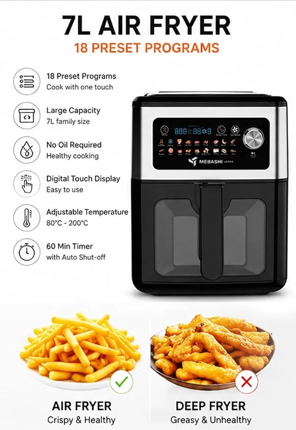 MEBASHI Air Fryer, 7L Capacity, Digital Display,1550-1850W, 18 Pre-Set Programs, Black (ME-AF980) 3