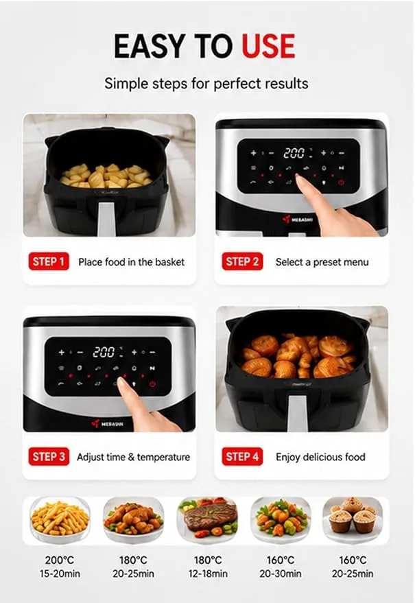 MEBASHI Air Fryer, 9.2 L Capacity, Digital Touch Screen,1800W, Glass Window, Black Steel (ME-AF985) 4