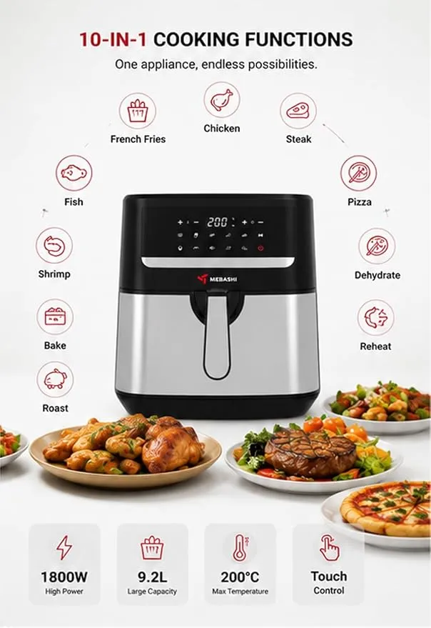 MEBASHI Air Fryer, 9.2 L, Digital Touch Screen, 10 Presets, 1800W, Black Steel (ME-AF986) 3