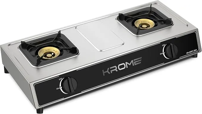 Krome Gas Stove 2 Burners, Auto Ignition, Double Brass Burners, LPG Gas Stove, Cast Iron Burner, Flame Failure Device, Enamel Square Pan Support, CE Approved, Stainless Steel Body - KR-GSFC2041