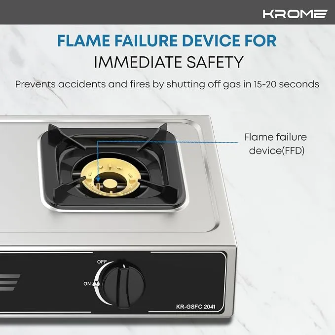 Krome Gas Stove 2 Burners, Auto Ignition, Double Brass Burners, LPG Gas Stove, Cast Iron Burner, Flame Failure Device, Enamel Square Pan Support, CE Approved, Stainless Steel Body - KR-GSFC2041 4