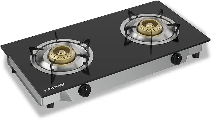 Krome Gas Stove 2 Burners, Auto Piezo Ignition, Double Brass Burners, 100MM Brass Burner Cap, LPG Cooktop, Enamel Square Pan Support, Flame Failure Device, Tempered Glass Panel, Black - KR-GGFC2070