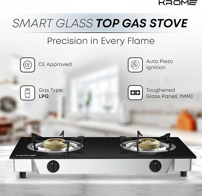 Krome Gas Stove 2 Burners, Auto Piezo Ignition, Double Brass Burners, 100MM Brass Burner Cap, LPG Cooktop, Enamel Square Pan Support, Flame Failure Device, Tempered Glass Panel, Black - KR-GGFC2070