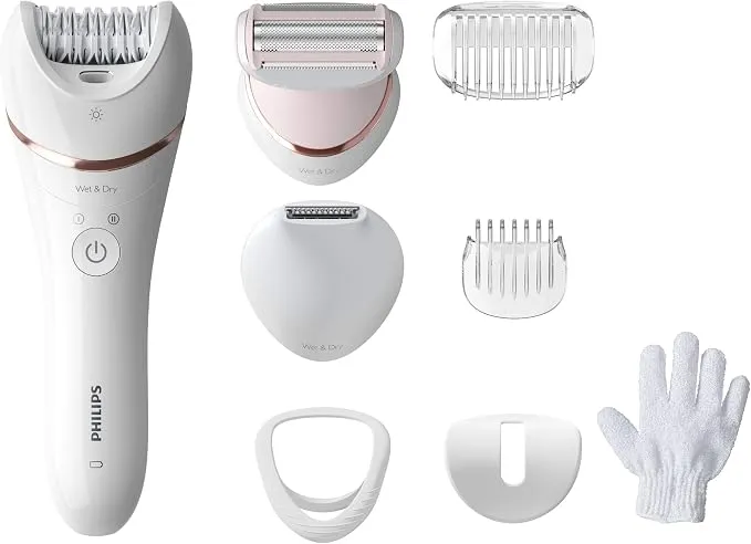 Philips Epilator Series 8000.Wet And Dry Cordless Hair Removal For Legs And Body With 8 Accessories.Shaving Head And Trimming Comb. Exfoliation Glove. 3 Pin, Bre720/01.
