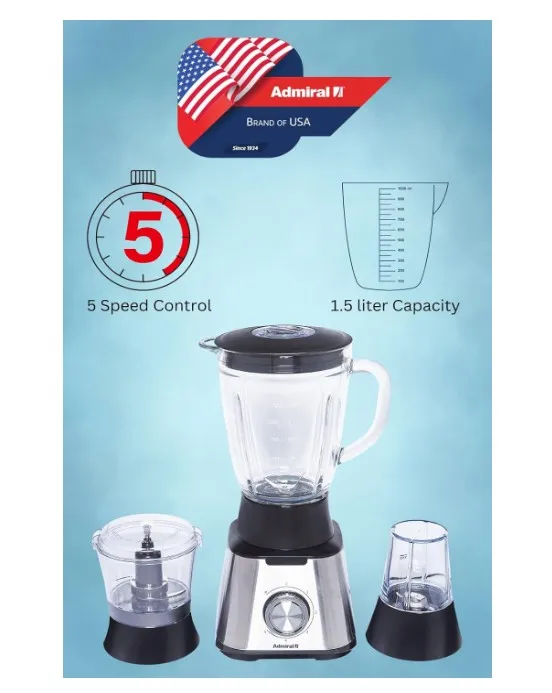 Admiral 1.5 Litre Blender with Grinder and Chopper, 600W Power, 2 Grinding Mills, Stainless Steel Blades, 5 Speed with Pulse Control, Anti-Slip Feet, ADBL1560