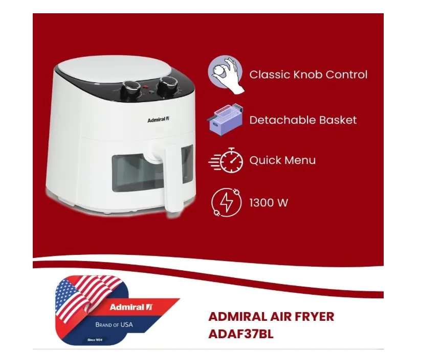 Admiral Air Fryer 3.7L, 1300W, Classic Knob Control, Transparent Window, Detachable Basket, Cool Touch Handle, Dishwasher Safe, ADAF37BL