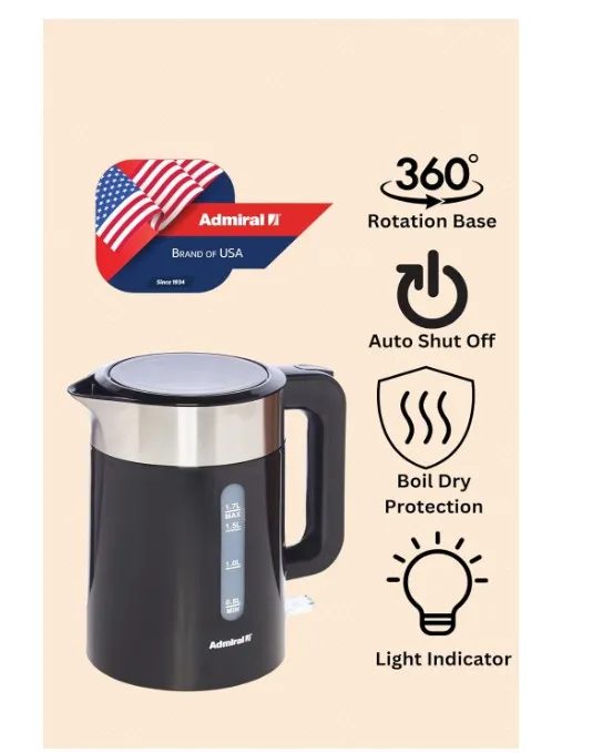 Admiral Electric Kettle, 2200W Power, 1.7L,with Boil Dry Protection, Auto Lid Open & Auto Shut Off Function, Perfect for Beverages, Black, ADBK17P.