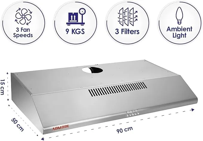 Admore 90cm Cooker Hood Stainless Steel A-KH90S – Under Cabinet Convertible Kitchen Hood, Twin Motor, LED Light, 3 Speed Control, Aluminum Mesh Filter