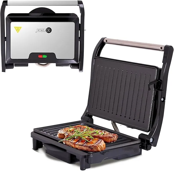 Afra 2 Slice Sandwich Maker AF-7520PMSS – 750W Non-Stick Grill & Panini Maker, Stainless Steel Body, Oil Tray, Adjustable Temperature Control