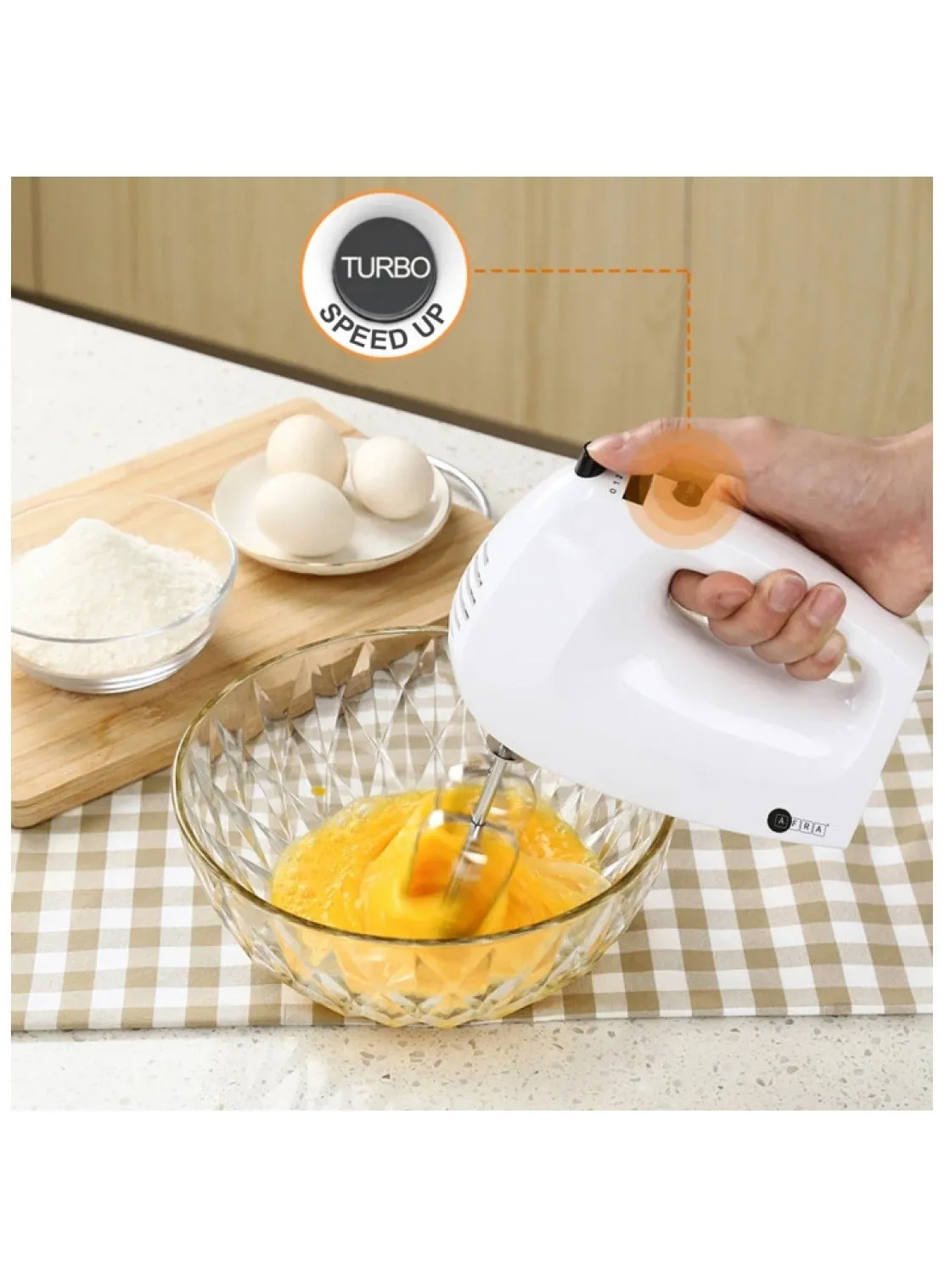 Afra 250W Hand Mixer AF-250HMWT – 5 Speed Settings, Turbo Function, Stainless Steel Beaters & Dough Hooks, Electric Kitchen Mixer