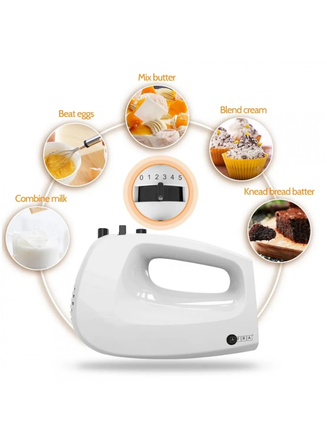 Afra 250W Hand Mixer AF-250HMWT – 5 Speed Settings, Turbo Function, Stainless Steel Beaters & Dough Hooks, Electric Kitchen Mixer 4