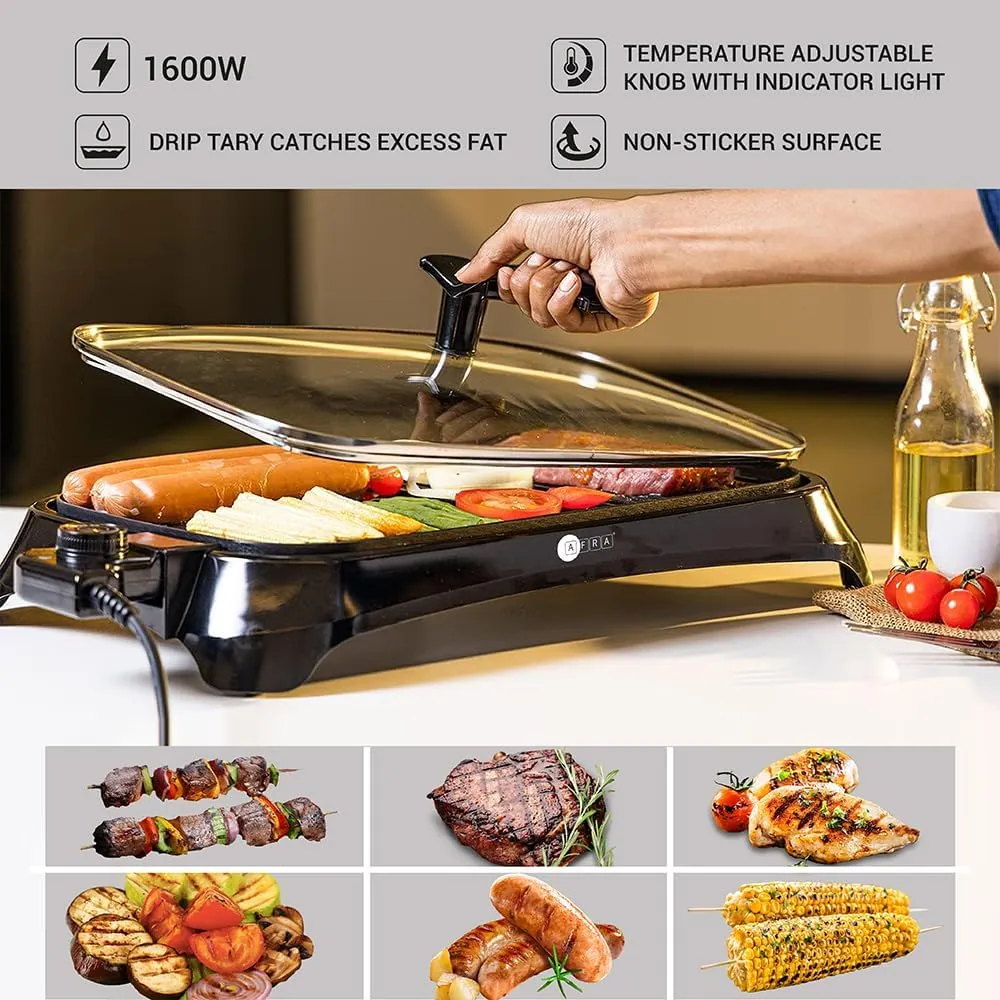AFRA Electric BBQ Grill 1600W, Indoor & Outdoor Portable Grill, Adjustable Thermostat, Smoke-Free Barbeque with Overheat Protection – AF-1600BQBK 4