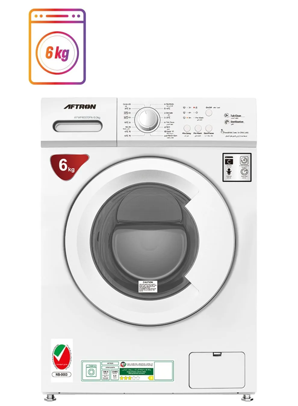 Aftron 6KG Front Load Washing Machine AFWF6020FN – White, Fully Automatic, 1000 RPM Spin Speed, Multiple Wash Programs, Child Lock, Energy Efficient