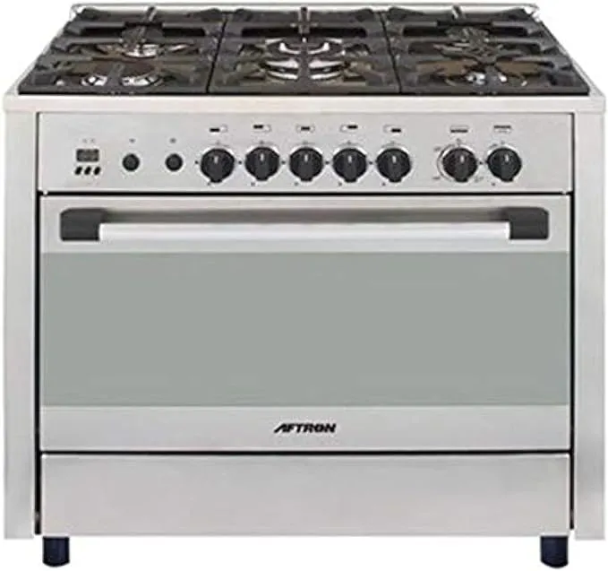 Aftron 90×60 5 Burner Gas Cooker AFGR9060FESD – Stainless Steel, Auto Ignition, Gas Hob with Electric Oven, Rotisserie, Thermostat, Full Safety System