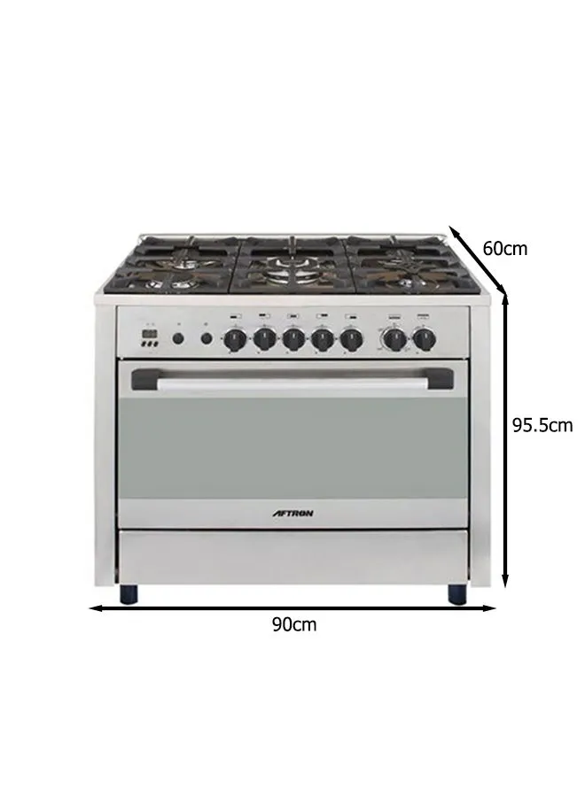 Aftron 90×60 5 Burner Gas Cooker AFGR9060FESD – Stainless Steel, Auto Ignition, Gas Hob with Electric Oven, Rotisserie, Thermostat, Full Safety System