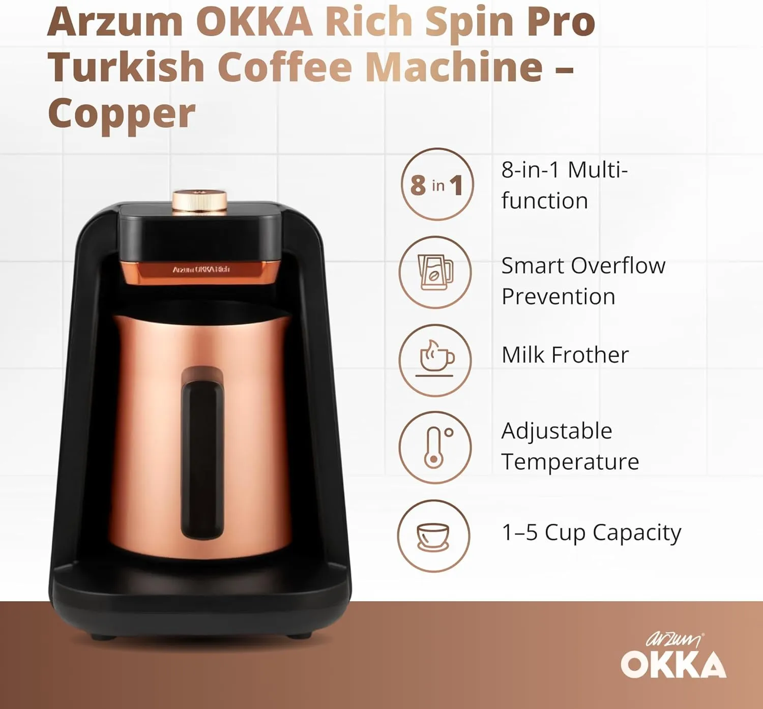 Arzum Okka Rich Spin Pro Automatic Turkish Coffee & Hot Beverage Machine (OK0026) |700W, 8 Modes Incl. Slow Brew & Hot Milk Froth, 5 Cups, Stainless...