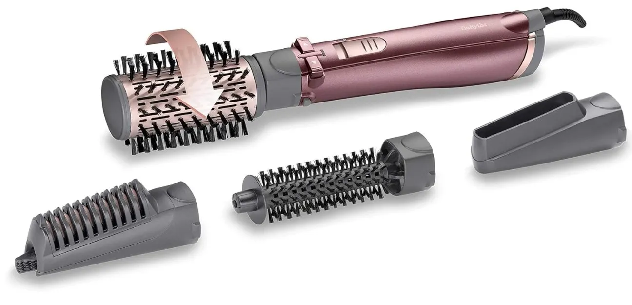 BaByliss 4 in 1 Rotating Air Styler Brush | Potent 1000W Styler For Ultra-Fast Drying | Salon Finish with Interchangeable Attachments For Hair Volumizing, Smoothing & Straightening | AS960SDE (Purple)