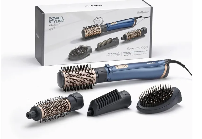 BaByliss Air Styler Pro 1000, 38mm Thermal Brush With 2, 2m Swivel Cord, Rotating 50mm Soft Bristle Brush With 2 Heats Plus A Cool Setting lightweight Design & Salon-quality Results, AS965SDE (Blue)